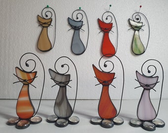 Cat lovers gift stained glass cat window hangings suncatcher cat sitting orange green gray lavender stain glass cat