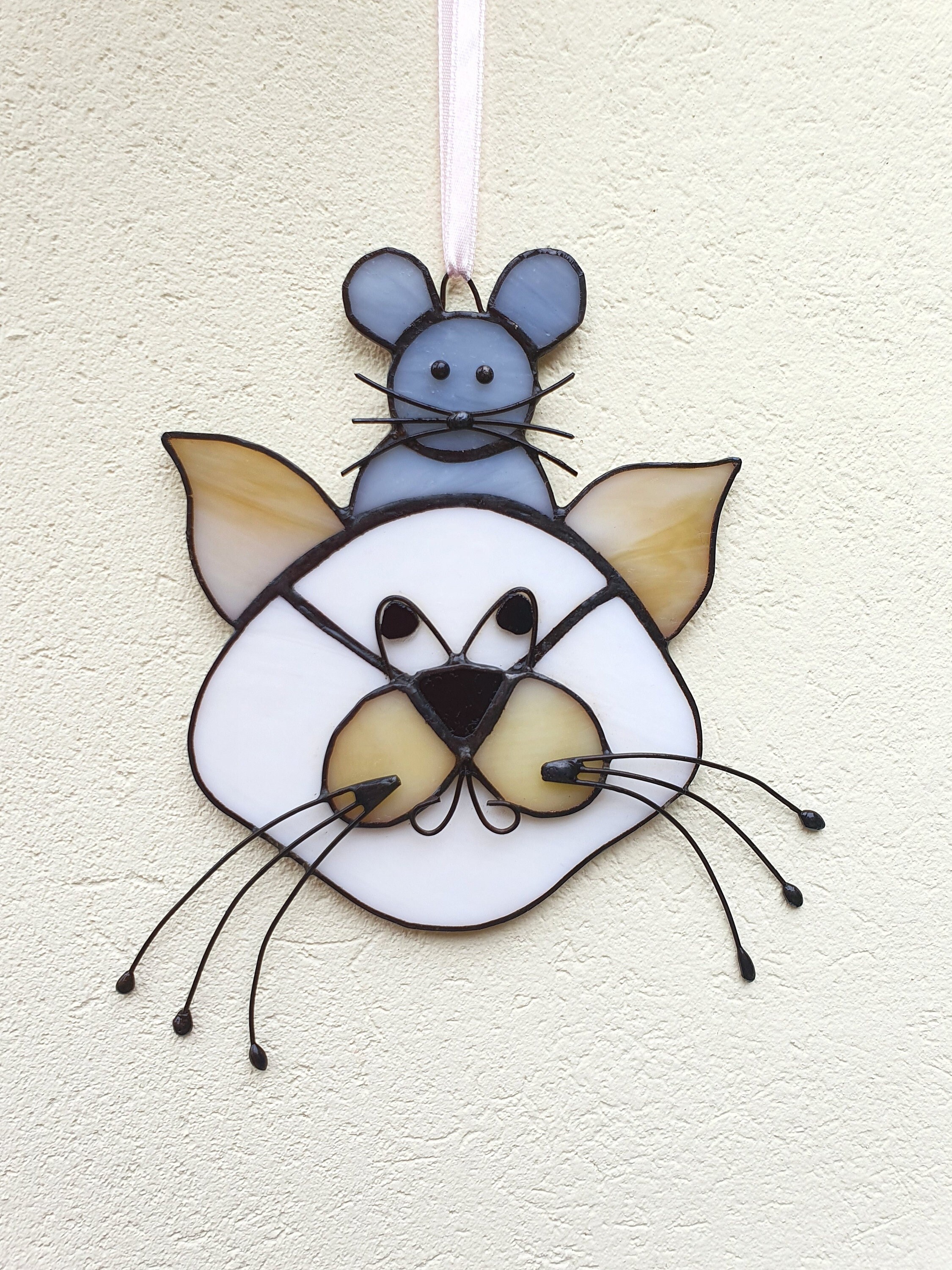 Stained Glass Cat Mouse Suncatcher Window Hangings Garden Decoration ...