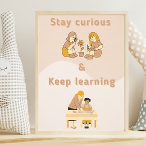 Arte de pared para niños con diseño Montessori imprimible, arte de pared inspirador con afirmaciones positivas para la educación en el hogar o el jardín de infantes, mantén la curiosidad y sigue aprendiendo