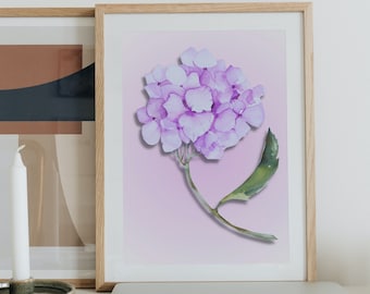 Pink Hydrangea Watercolor Print, Minimalist Living Room or Kitchen Botanical Wall Art Decor, Printable Flower Wall Art, Digital Download