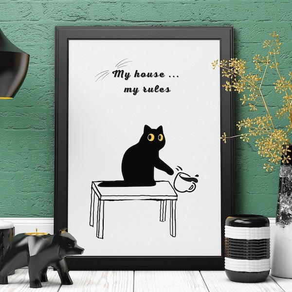 Cat Art Print, Cat House Rules Poster, Gifts For Cat Lovers, Funny Printable Wall Art, Cat Dad or Mom or Veterinarian Gift, Digital Download