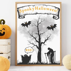 Spooky Halloween Tree Art: Ghost, Witch, Bats (Digital Download)
