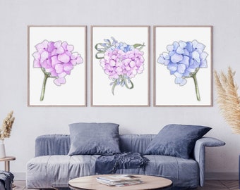 Hydrangea Watercolor Prints Set: Pink & Blue Floral Wall Art (Digital Download)