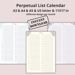 Elegant Perpetual Calendar Printable, Birthday or Celebration Printable Calendar, Reusable Planner and Family Calendar, A3 A4 A5 US Portrait