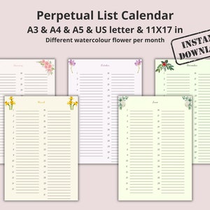 Birth Flower Perpetual Calendar: Watercolor Floral Design (Printable PDF)