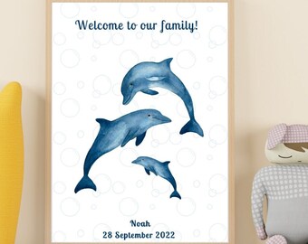 Custom Dolphins Nursey Prints, Custom Name Birthdate Nursery Poster, Personalized Printable Wall Art Perfect Nursery Decor, Baby Shower Gift