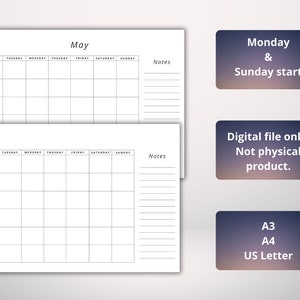 Blank Monthly Printable Undated Calendar With Notes, Monday or Sunday ...