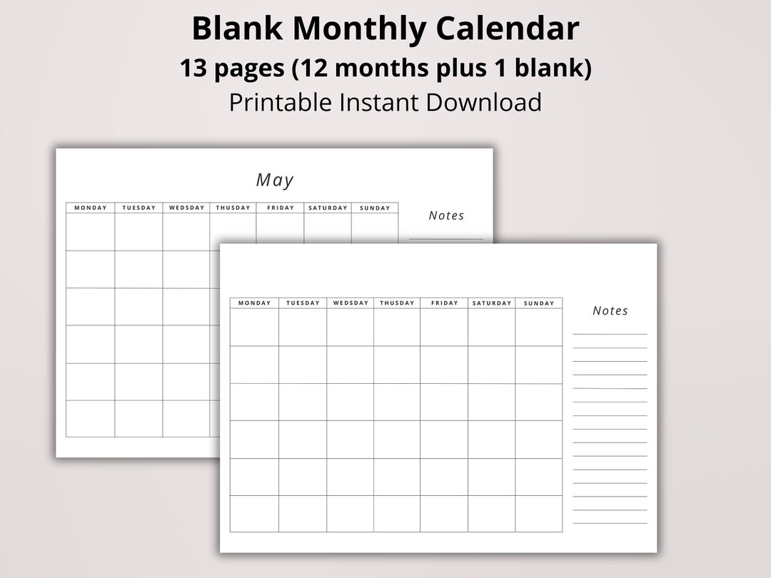 Blank Monthly Printable Undated Calendar With Notes, Monday or Sunday ...