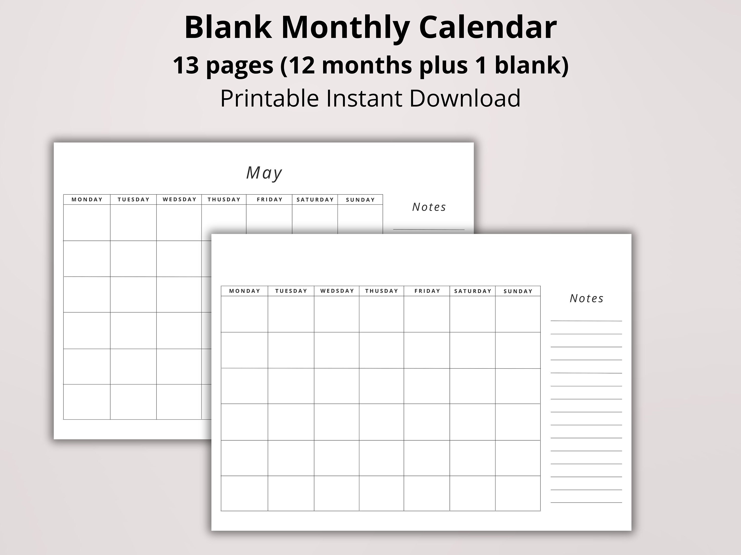 Blank Monthly Printable Undated Calendar With Notes, Monday or Sunday ...