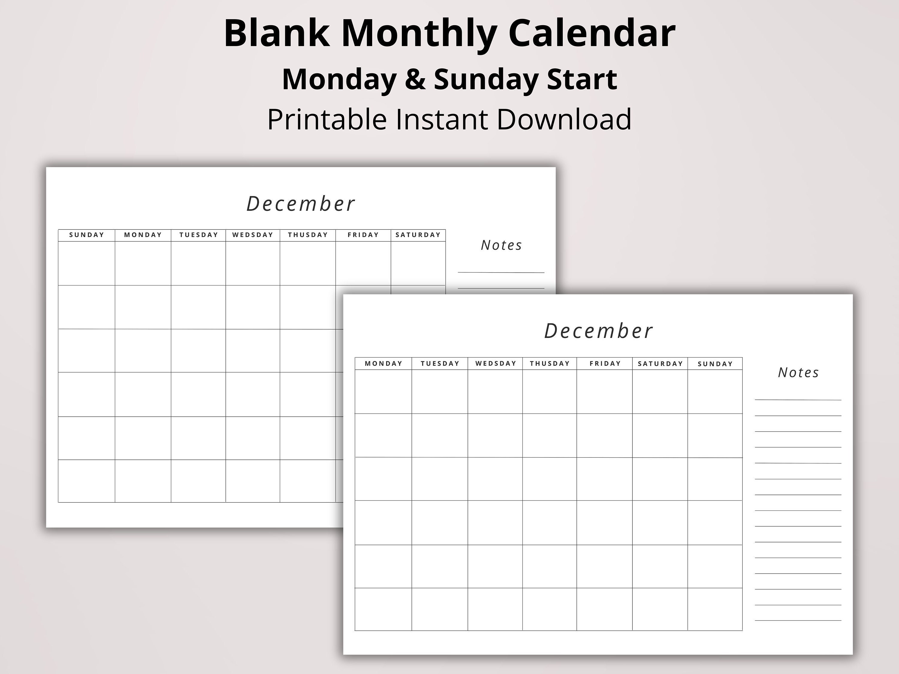 Blank Monthly Printable Undated Calendar With Notes, Monday or Sunday ...