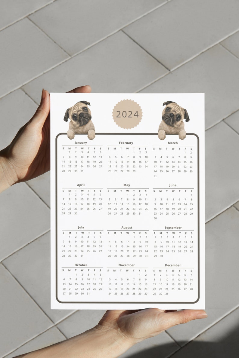 2024 One Page Yearly Printable Calendar With Pugs, Vertical Wall or ...