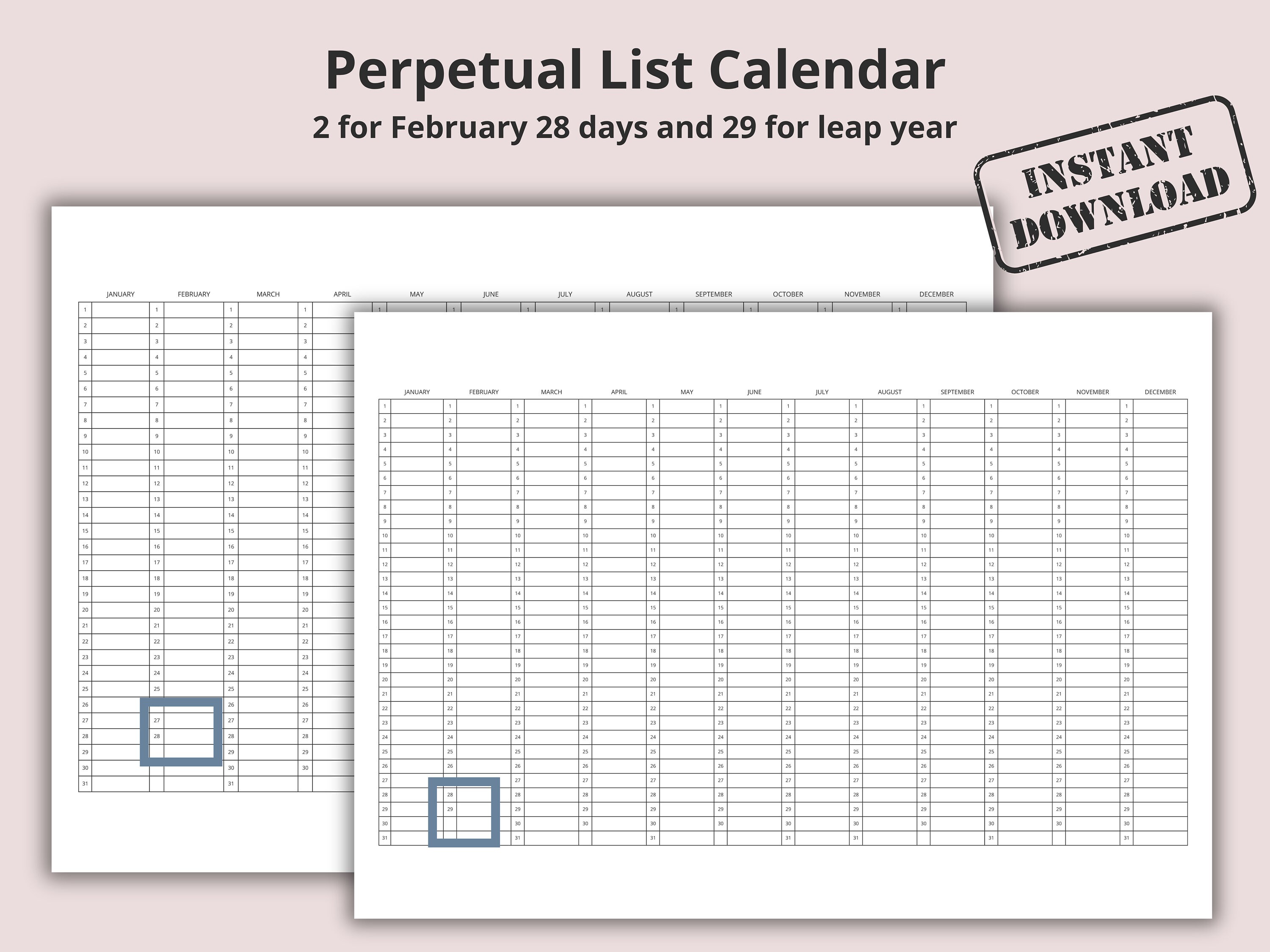 One Page Printable Perpetual Calendar Planner, Year at a Glance Reusable Wall Calendar, 2024 ...
