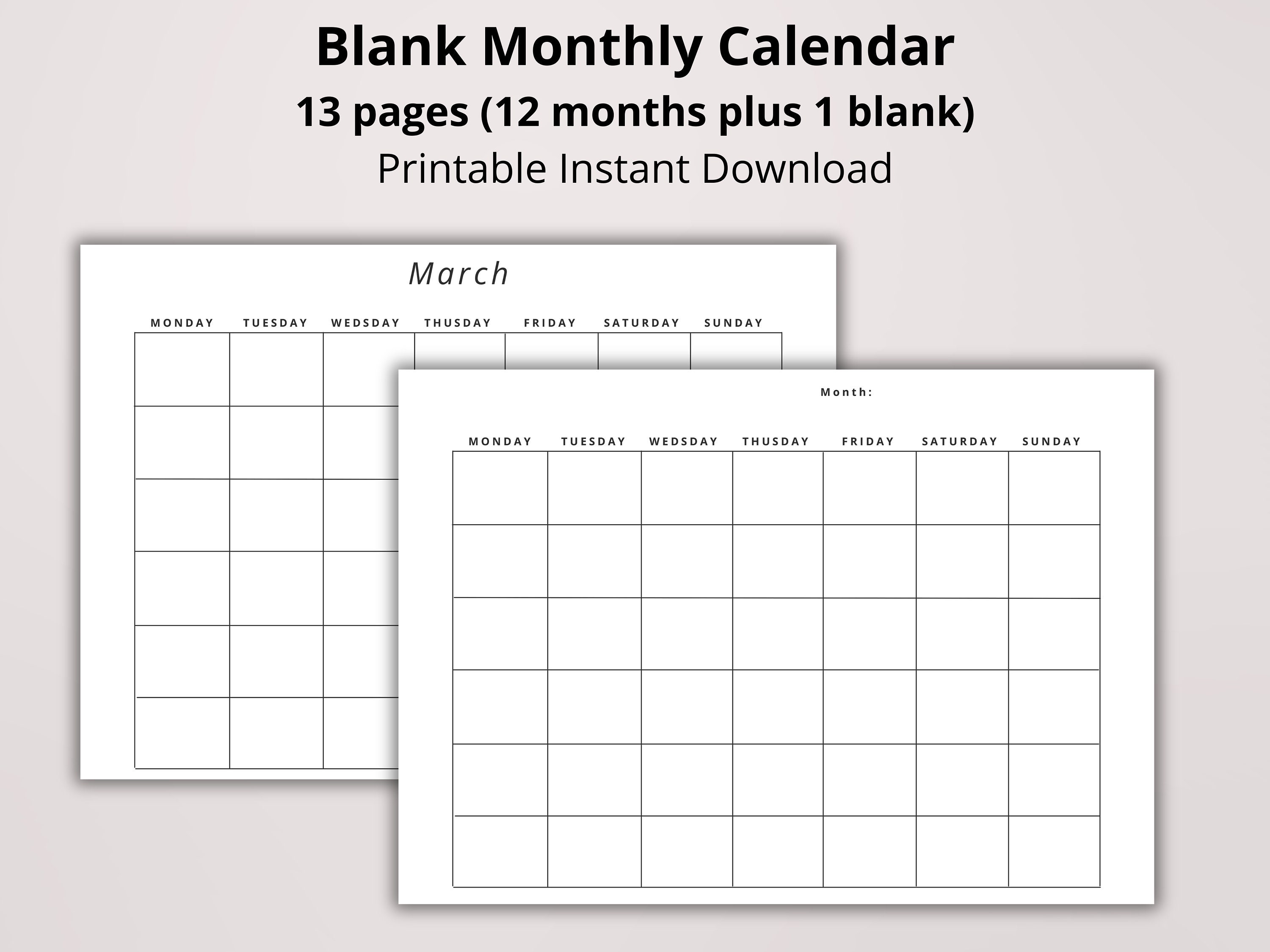 Blank Printable Undated Calendar, Reusable Monthly Calendar, Monday or ...
