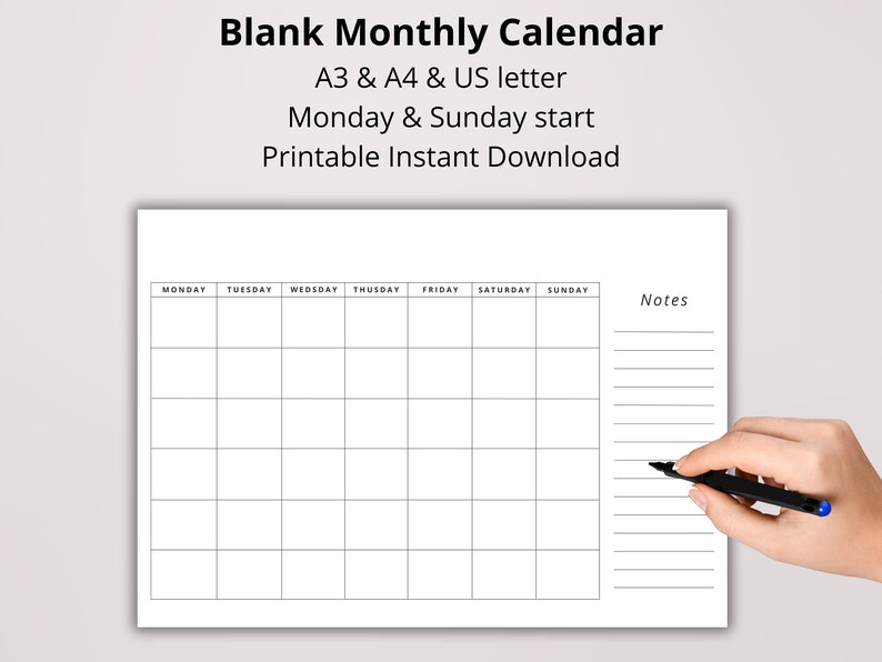 Blank Monthly Printable Undated Calendar With Notes, Monday or Sunday ...