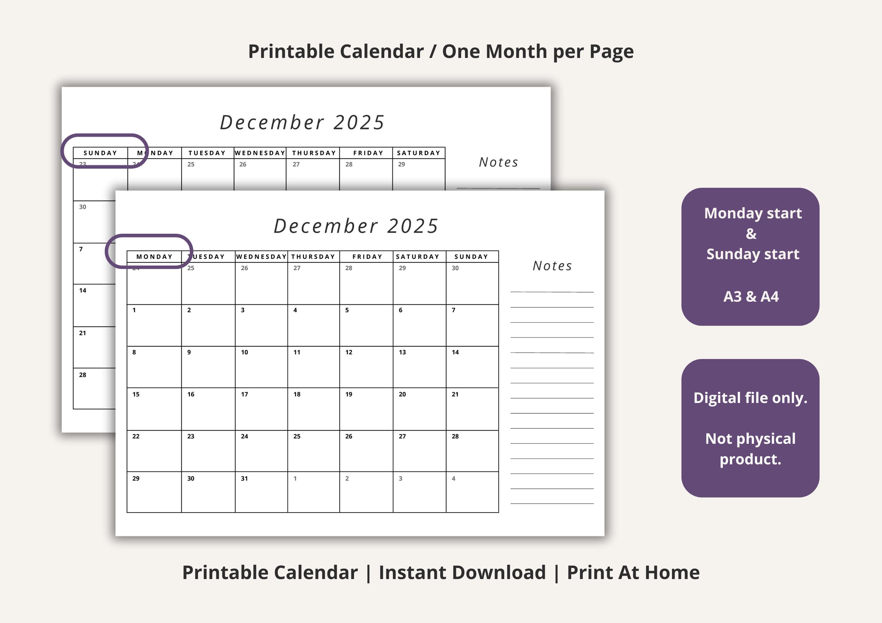 2025 Monthly Calendar Printable: A3 A4 Landscape Planner (digital
