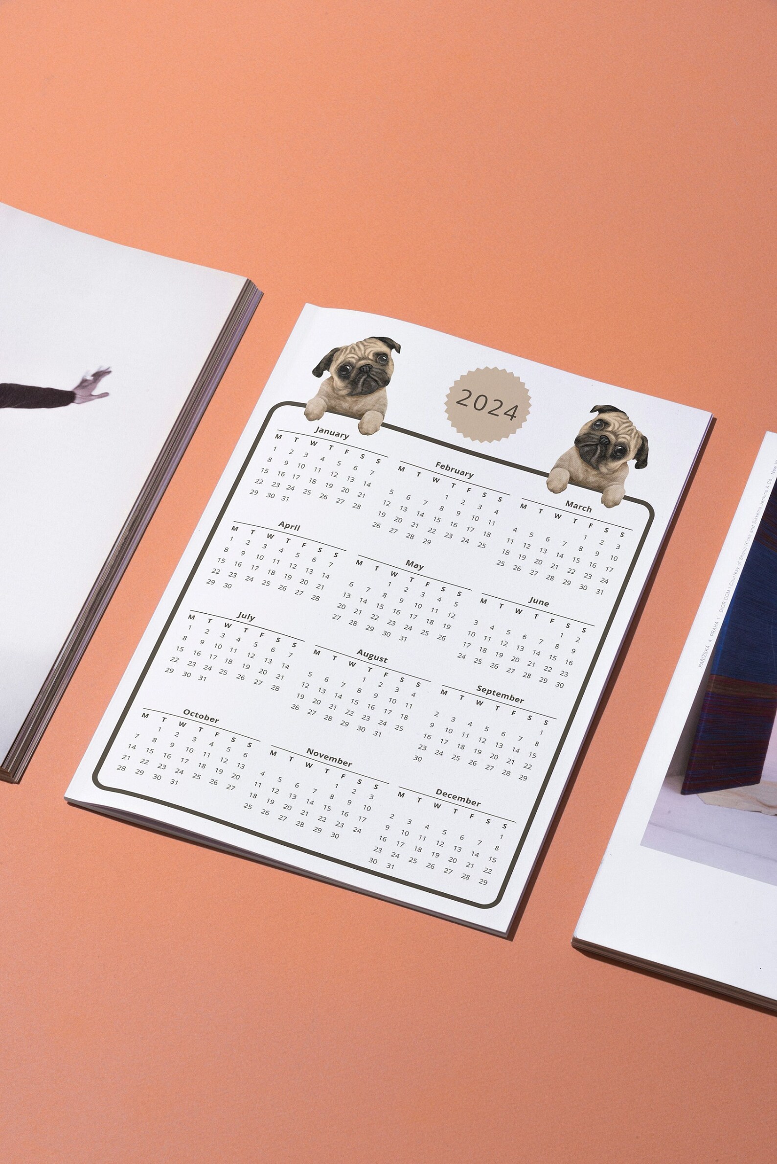 2024 One Page Yearly Printable Calendar With Pugs, Vertical Wall or ...