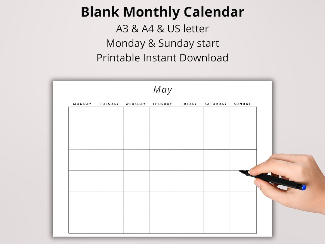 Blank Printable Undated Calendar, Reusable Monthly Calendar, Monday or ...
