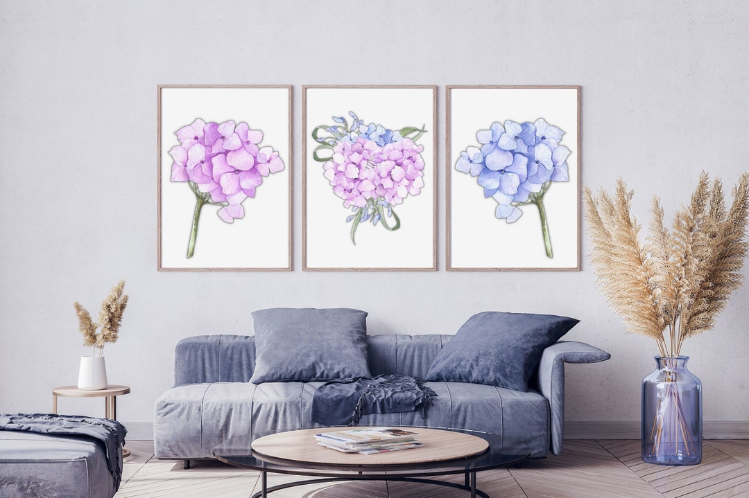 Hydrangea Watercolor Prints Set: Pink & Blue Floral Wall Art (digital ...
