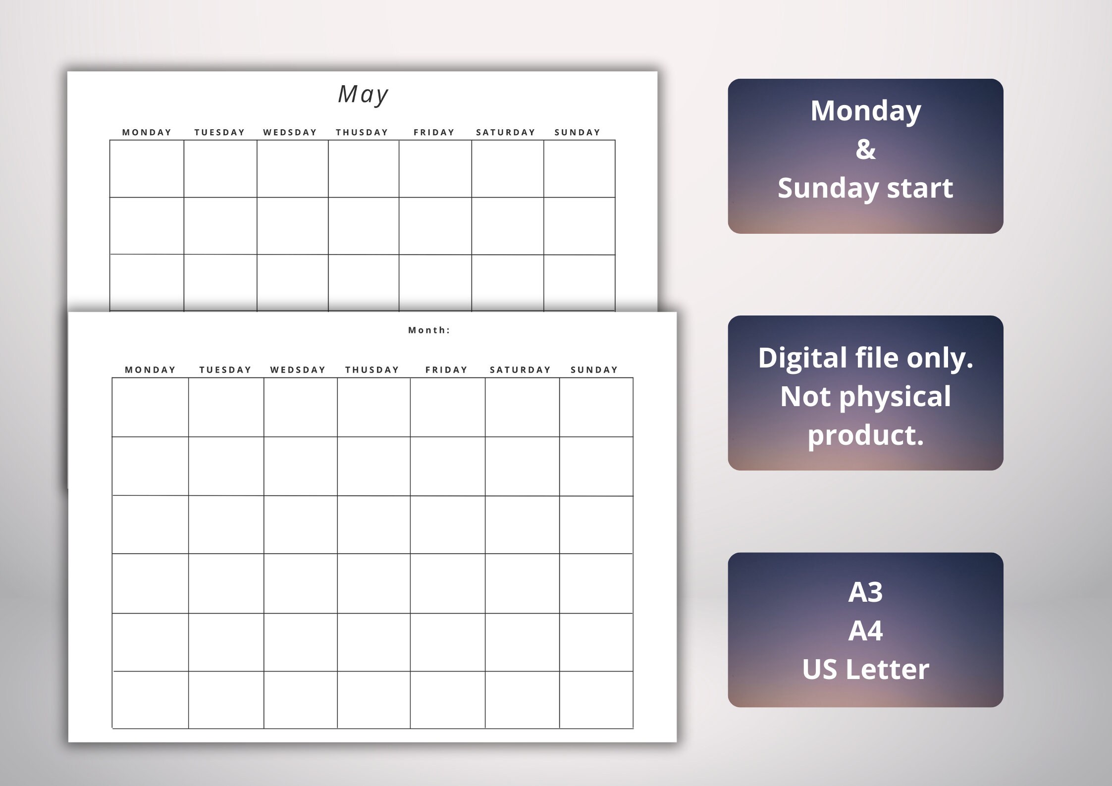 Blank Printable Undated Calendar, Reusable Monthly Calendar, Monday or ...