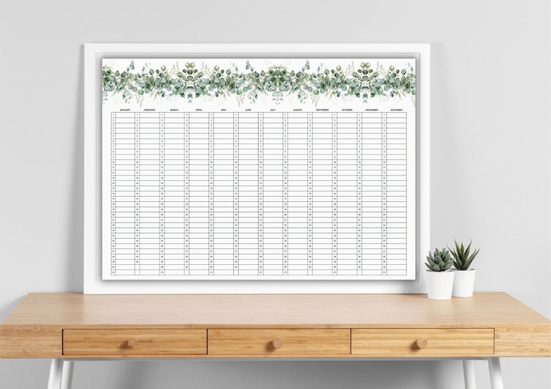 One Page Printable Perpetual Calendar With Flowers, Birthday or Celebration Landscape Calendar ...