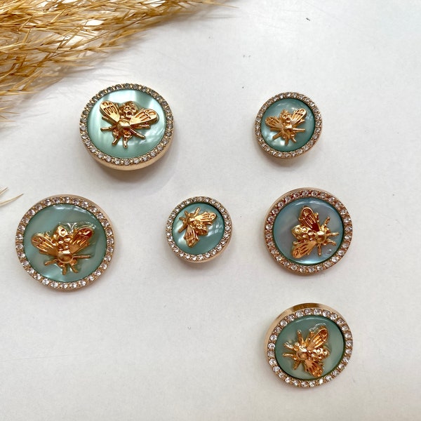 Decoration buttons, light green/turquoise and gold with bees, approx. 18 mm, 22 mm or approx. 25 mm, for coats, jackets, dresses