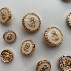 Buttons, white and gold roses, about 15 mm, 18 mm, 20 mm or about 23 mm, for coat, jacket, dresses #9