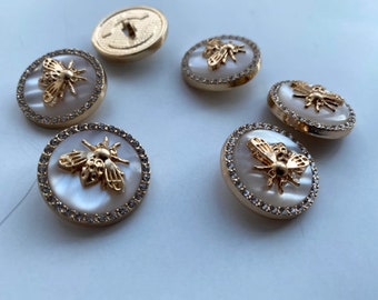 Boutons de décoration, blanc et or avec des abeilles, environ 22 mm ou environ 25 mm, pour manteau, veste, robes