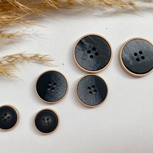 Decoration buttons, black and gold, approx. 15 mm, 20 mm, or approx. 25 mm, for coat, jacket, dresses