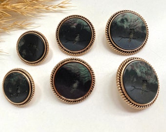 Decoration buttons, black and gold with bird, approx. 18 mm, 22 mm or 25 mm, for coat, jacket, dresses