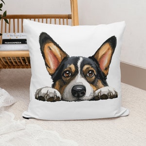 Almohada de tres colores con diseño de Corgi, adorable almohada cuadrada con perro que mira fijamente con inserto y funda incluidos, cojín decorativo con acento, regalo de Corgi galés
