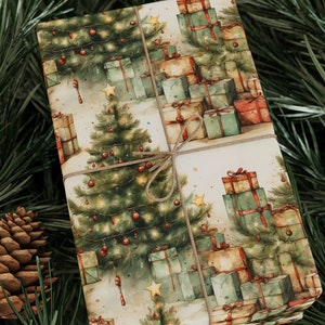 Carta da regalo vintage con albero di Natale, carta da regalo natalizia con acquerello, rotolo lucido/opaco, confezioni regalo di Natale, carta natalizia retrò