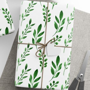 Green Leaf Pattern Wrapping Paper, Watercolor Design, Gift Wrap for Birthdays, Holidays, All Occasions, Premium Quality