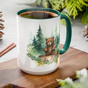 Cute Teddy Bear Forest Mug, Woodland Animal Watercolor Coffee Cup, 11oz 15oz Gift for Nature Lovers, Birthday Mother&#39;s Day Christmas Gift