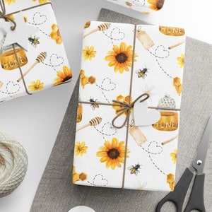 Honey Bee GIft Wrapping Paper, Cute Watercolor Gift Wrap for Birthday & Christmas Presents Food Packaging, Glossy/Matte 90gsm Roll 3 Sizes
