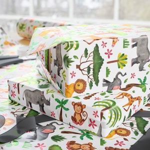 Cute Jungle Animals Wrapping Paper, Safari Watercolor Design Baby Kids Gift Wrap, African Animal Print Gift Wrapping Children Birthday Party