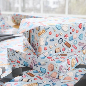 Medical Items Wrapping Paper, Cute Doctor Nurse Gift, Healthcare Theme, Soft Blue, Birthday Present, Unique Gift Wrap, Present Paper