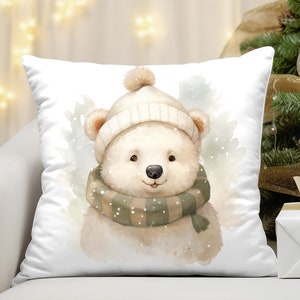 Almohada con forma de oso polar de invierno con bufanda, bonita almohada cuadrada con forma de animal navideño con funda y relleno, cojín decorativo con acento, regalo de Navidad