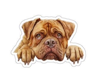 Op de afbeelding: Een aquarel van een bruine en beige hond met zijn kop op zijn poten. De hond kijkt de kijker aan met een droevige uitdrukking.
