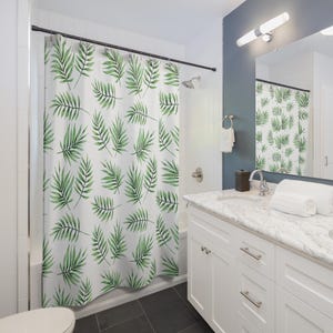 Green Leaf Pattern Shower Curtain, Tropical Bathroom Decor, Modern Shower Curtain, Nature Inspired Shower Curtain, Leaf Print Curtain
