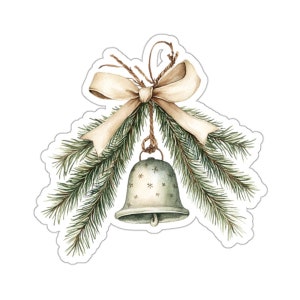 Sticker cloche aquarelle, décoration branche de pin de Noël, vinyle écologique, sticker pour ordinateur portable et bouteille d'eau