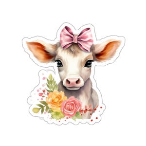 Adorable Cow Sticker with Bow, Floral Cow Decal, Cute Animal Sticker, Sweet Cow Watercolor Art, Kawaii Laptop and Water Bottle Sticker