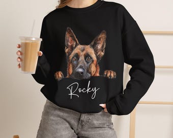 Felpa personalizzata con cane Malinois belga / Ritratto di cane che sbircia con nome personalizzato