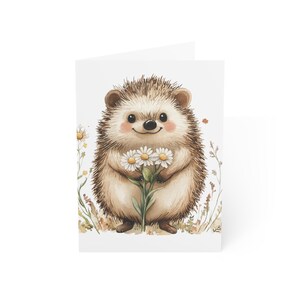 Cartões de felicitações fofos de ouriço, pacote com 10 ou cartão dobrado individualmente com envelope, em branco por dentro, conjunto de papelaria para presente com cartão postal de flores em aquarela