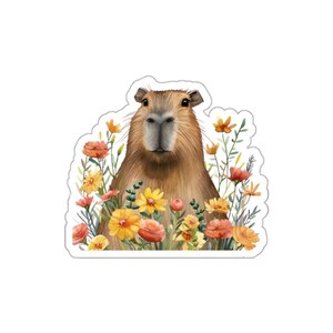Capybara mit Frühlingsblumen Vinyl Aufkleber, Capybara Aufkleber, Aquarell Frühling Kunst, Capybara Blumen wasserdichter Aufkleber, Geschenk