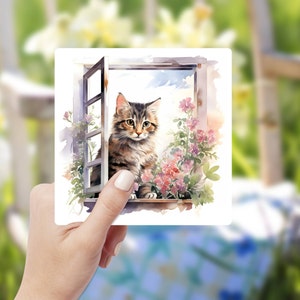 Sticker chat dans la fenêtre, sticker animal aquarelle, sticker imperméable pour ordinateur portable, bouteille d'eau, mur de fenêtre de voiture, art floral mignon de chat