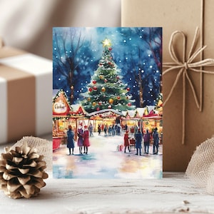 Kerstmarkt Fair-wenskaarten Set van 10, aquarel kerstbomen Set van 10 kerstkaarten Set kerstkaarten Eco-vriendelijke kaarten