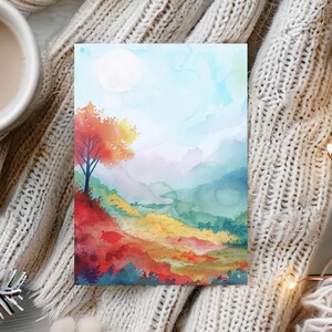 Cartão de felicitações colorido aquarela paisagem de outono pacote com 10, cenário de montanha de outono, cartões postais com verso em branco com envelopes, impressões de arte em árvore