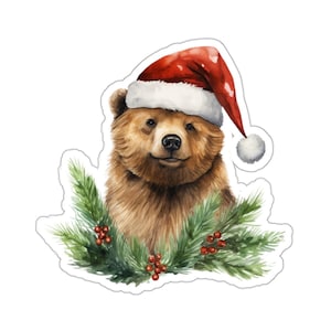 Pegatina de oso navideño, bonito oso con gorro de Papá Noel, vinilo impermeable para portátil, botella de agua, teléfono, coche, regalo navideño para amantes de los animales