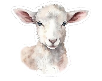 May include: A watercolour painting of a white lamb with brown spots. The lamb has pink ears and blue eyes. The lamb is looking directly at the viewer.