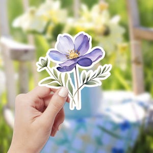 Pegatina de flor morada, calcomanía floral de acuarela, perfecta para computadora portátil, botella de agua, diario, agenda, linda e impermeable